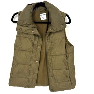 Old Navy Women's Quilted Puffer Vest Olive Green Stand Collar M